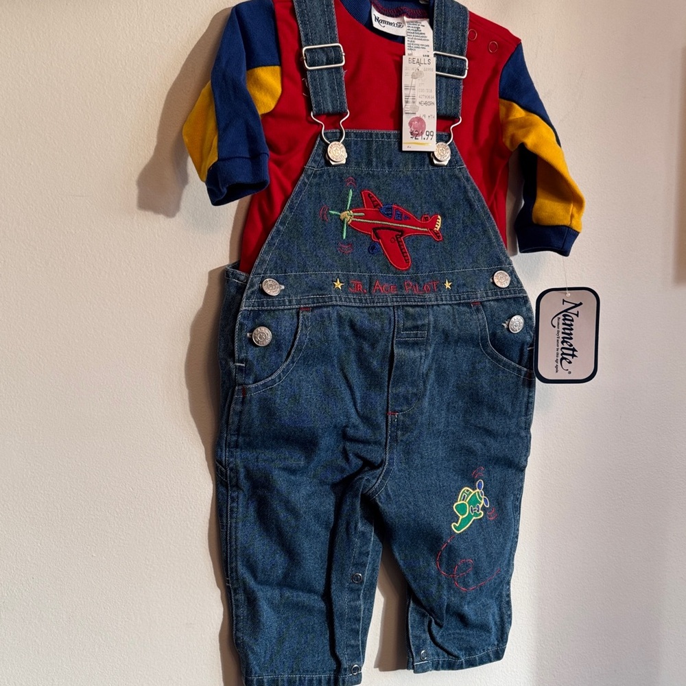 Nannette Kids Denim Overalls with Airplane Embroidery
